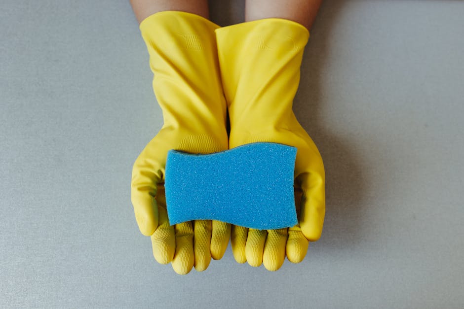 Yellow rubber gloves hold a blue sponge, symbolizing cleaning and hygiene.